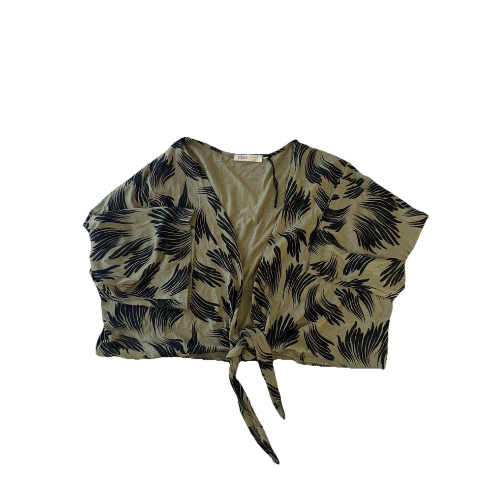 Pure by Ulla Popken Size 20/22 Organic Cotton Tie Front Crop Top Black Green